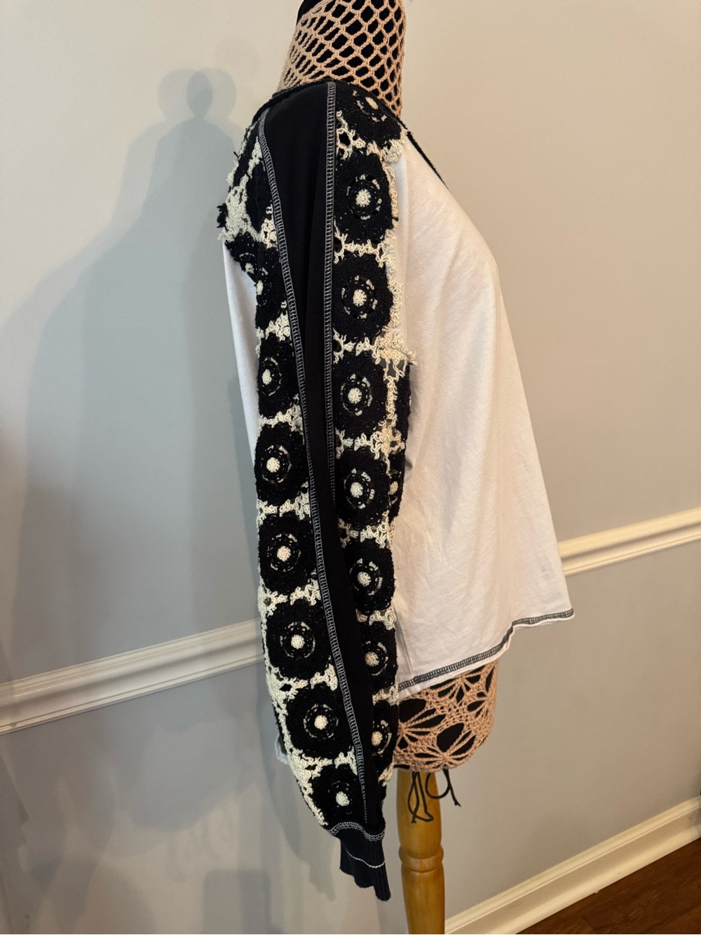 Free People Black and White Crochet-Detail Pullover